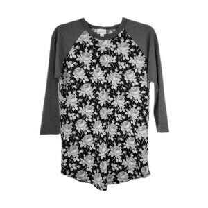 LulaRoe Randy Small Black White Roses Gray sleeves Raglan Baseball T-shirt Top S